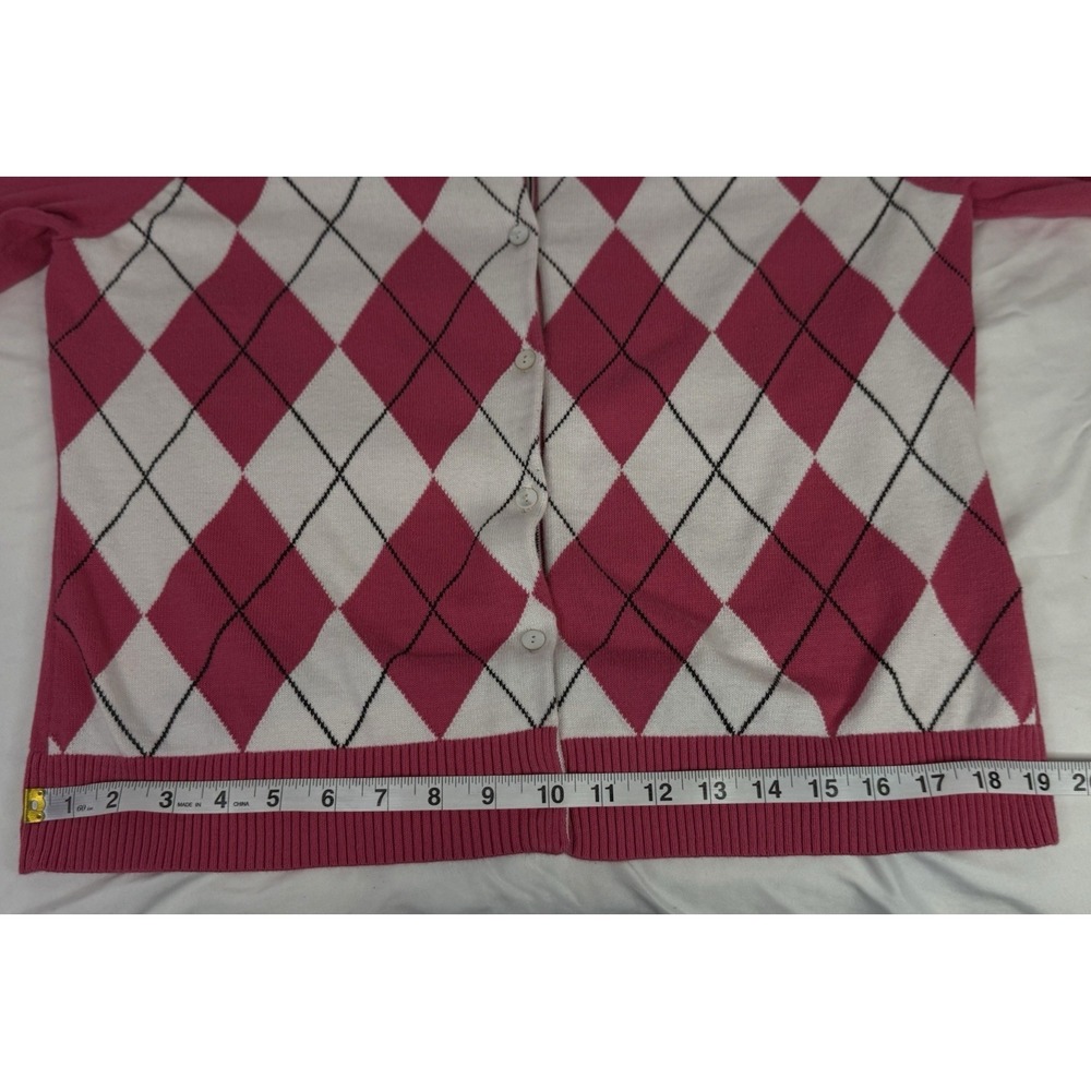 Lands End‎ Pink Argyle Cardigan L Supima Cotton Preppy Classic Sweater - Picture 5 of 10